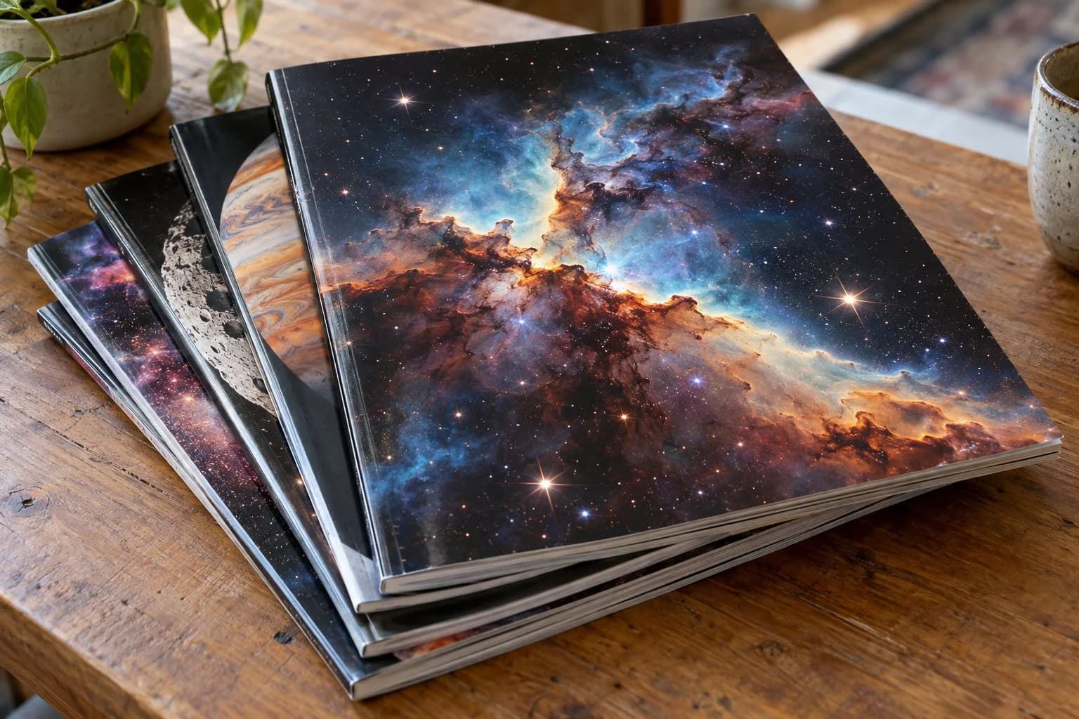 A stack of magazines with space covers