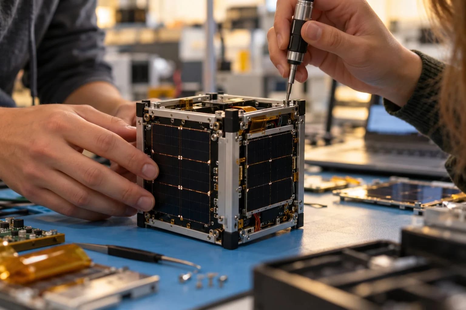 Students assembling a CubeSat in a lab