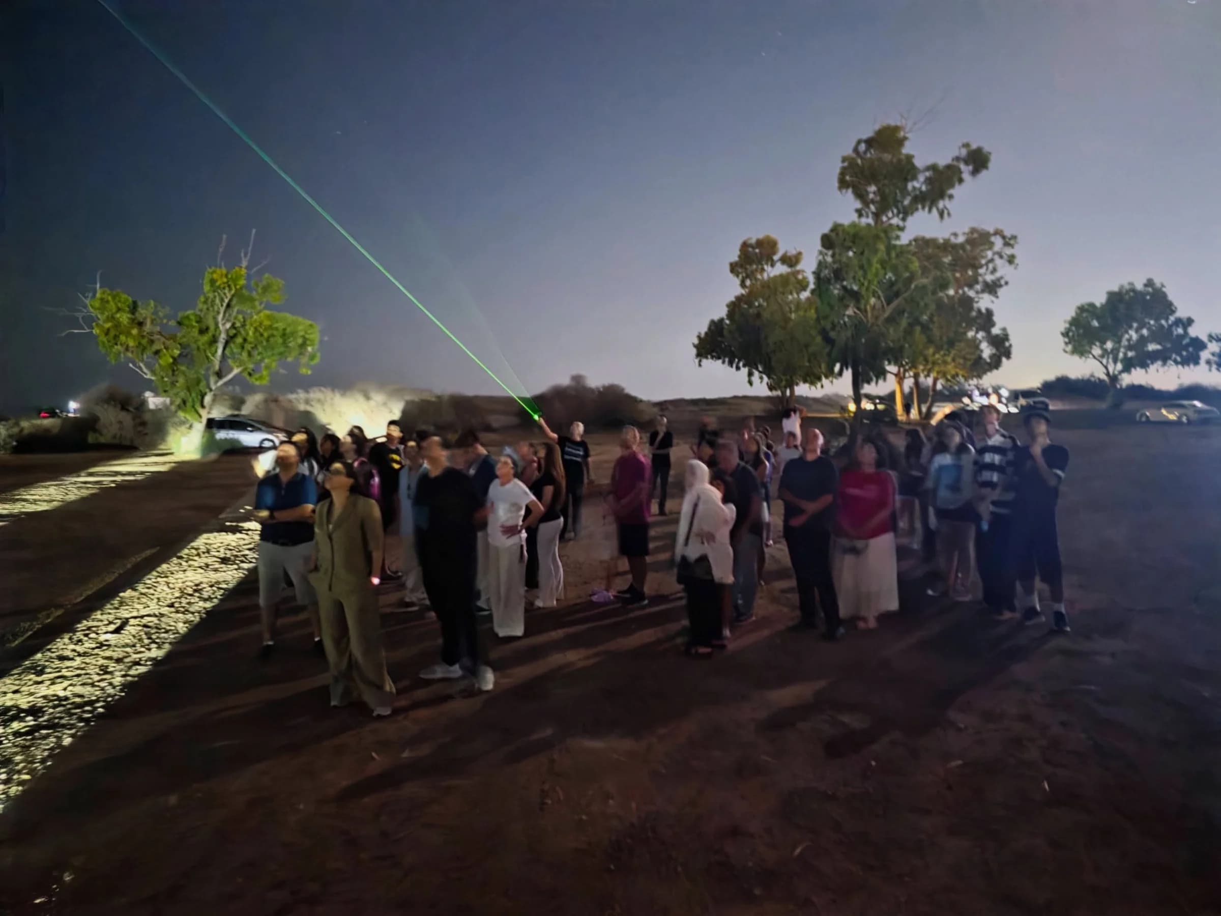 A crowd stargazing in an open field at night