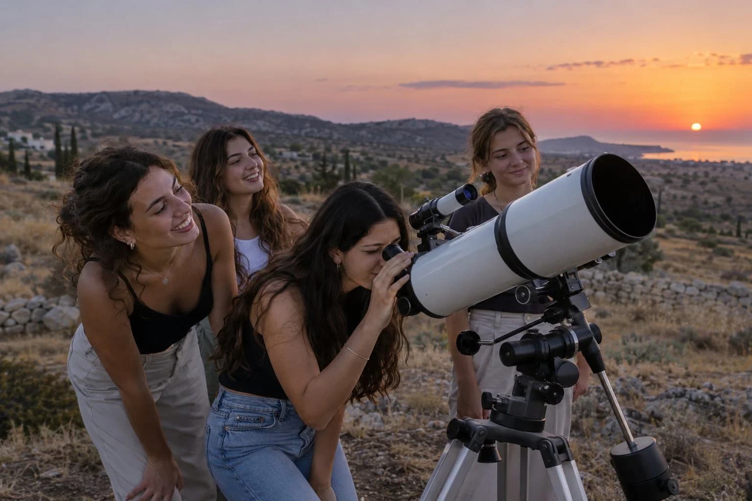 Young women observing with a telescope at sunset
